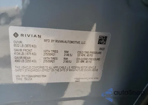 2023 Rivian R1T Adventure z USA, uszkodzony, nr VIN 7FCTGBAA9PN027894